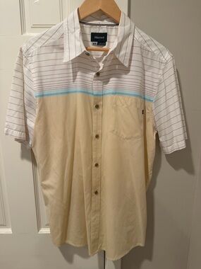 Marmot Short Sleeve Button-Down Shirt in White, Tan and Blue